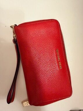 Michael Kors Red Pebbled Leather Zip-Around Wristlet Wallet